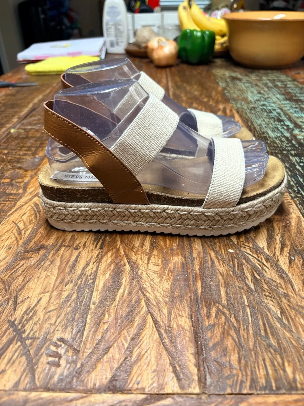 Steve Madden Jaklin Cream and Tan Stretch Espadrille Platform Sandals Size 8